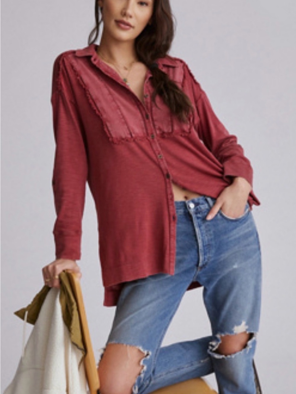 Pilcro Frayed Button-Front Top XS